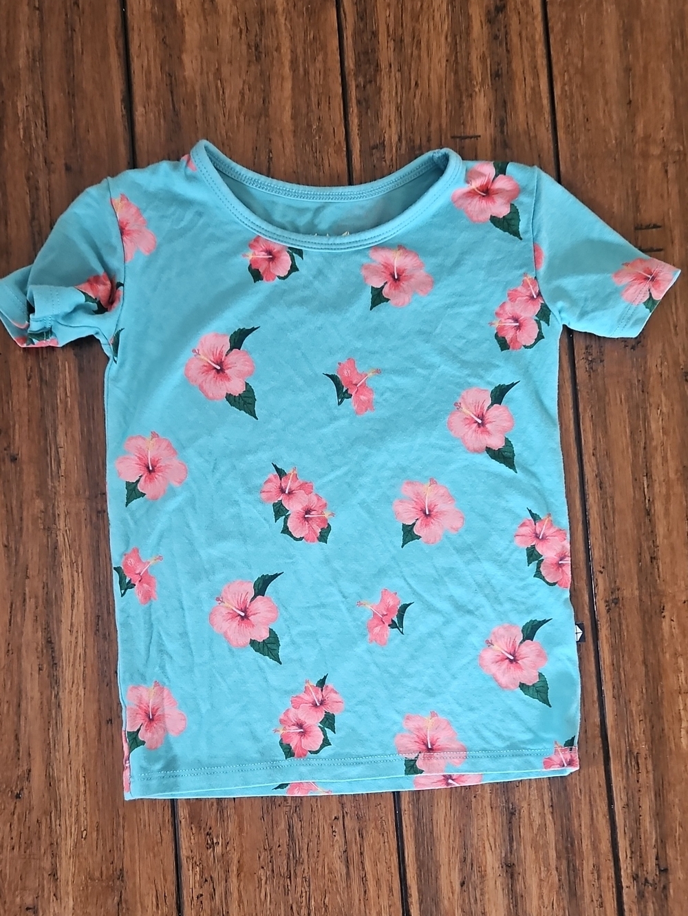 Kyte Baby Girls' Floral Short Sleeve Tee - Aqua with Pink Flowers 4T